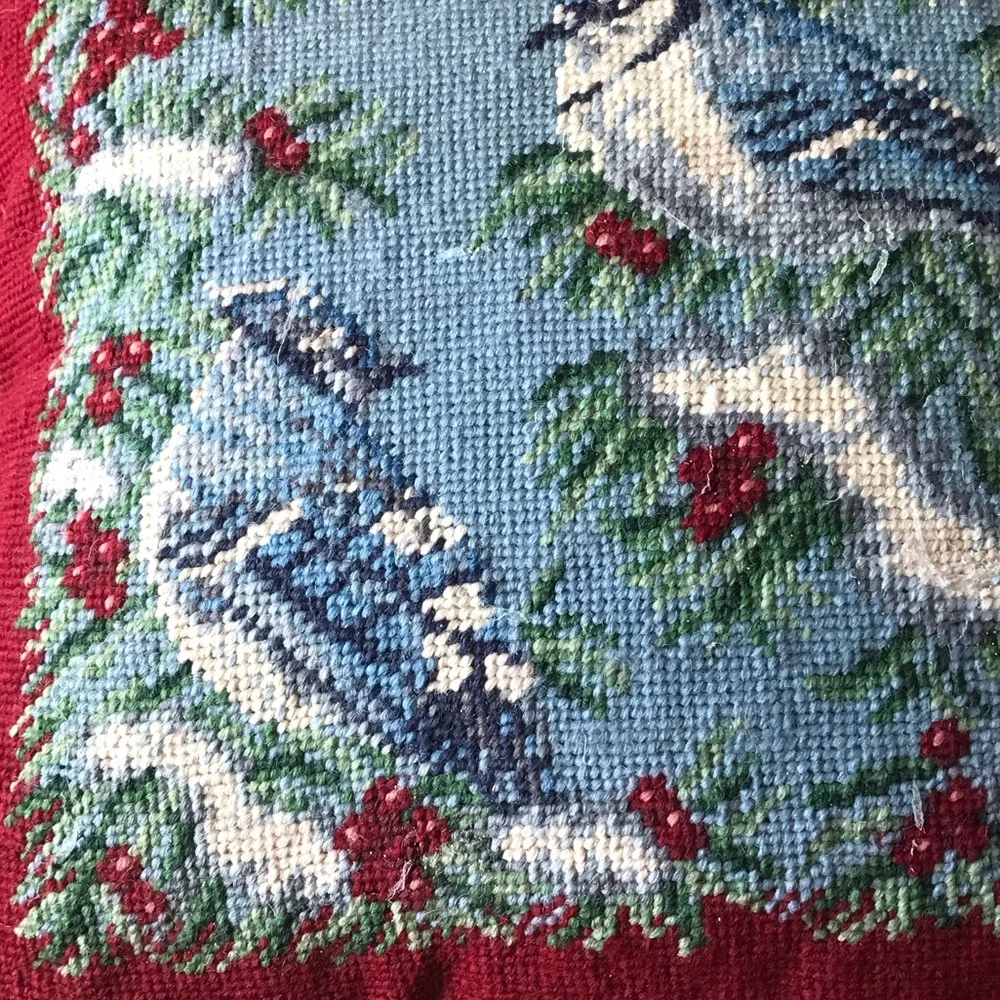 NWT Lands' End Holiday Blue Jays with Berries 12 x 12 Needlepoint Pillow